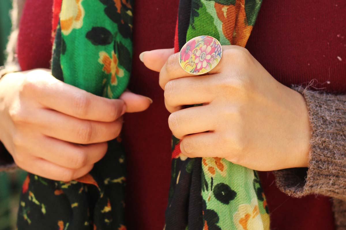 1.2" Resizable Brass Statement Ring with Floral Pattern - Orange Yellow Tone - Women Accessories / Gifts - Buy in Bulk Wholesale